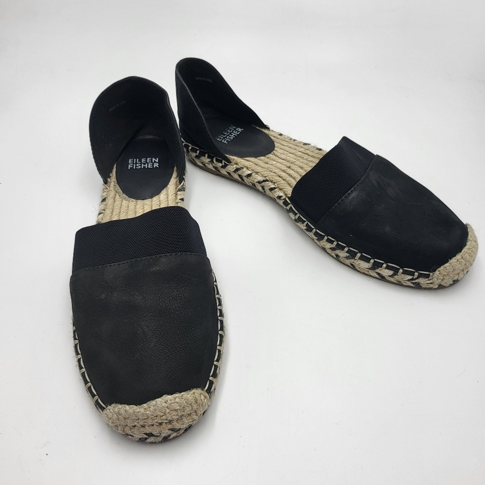 EILEEN FISHER women's 7 black nubuck suede upper D'orsay espadrille flats